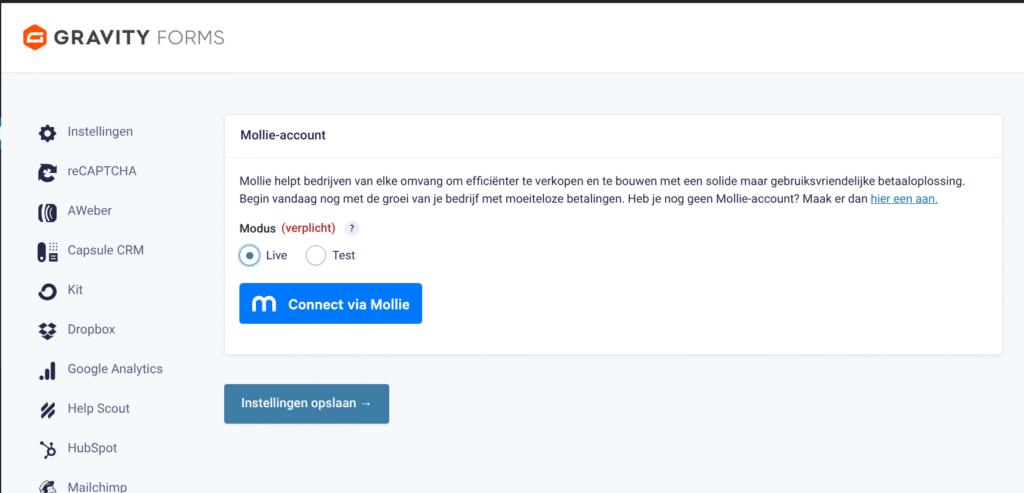 Het instellingenscherm in Gravity Forms om de Mollie API-key te koppelen voor het verwerken van online betalingen.