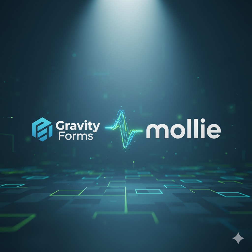 Conceptuele afbeelding voor de Gravity Forms en Mollie koppeling, met de logo's die met elkaar verbonden zijn om online betalingen te symboliseren.