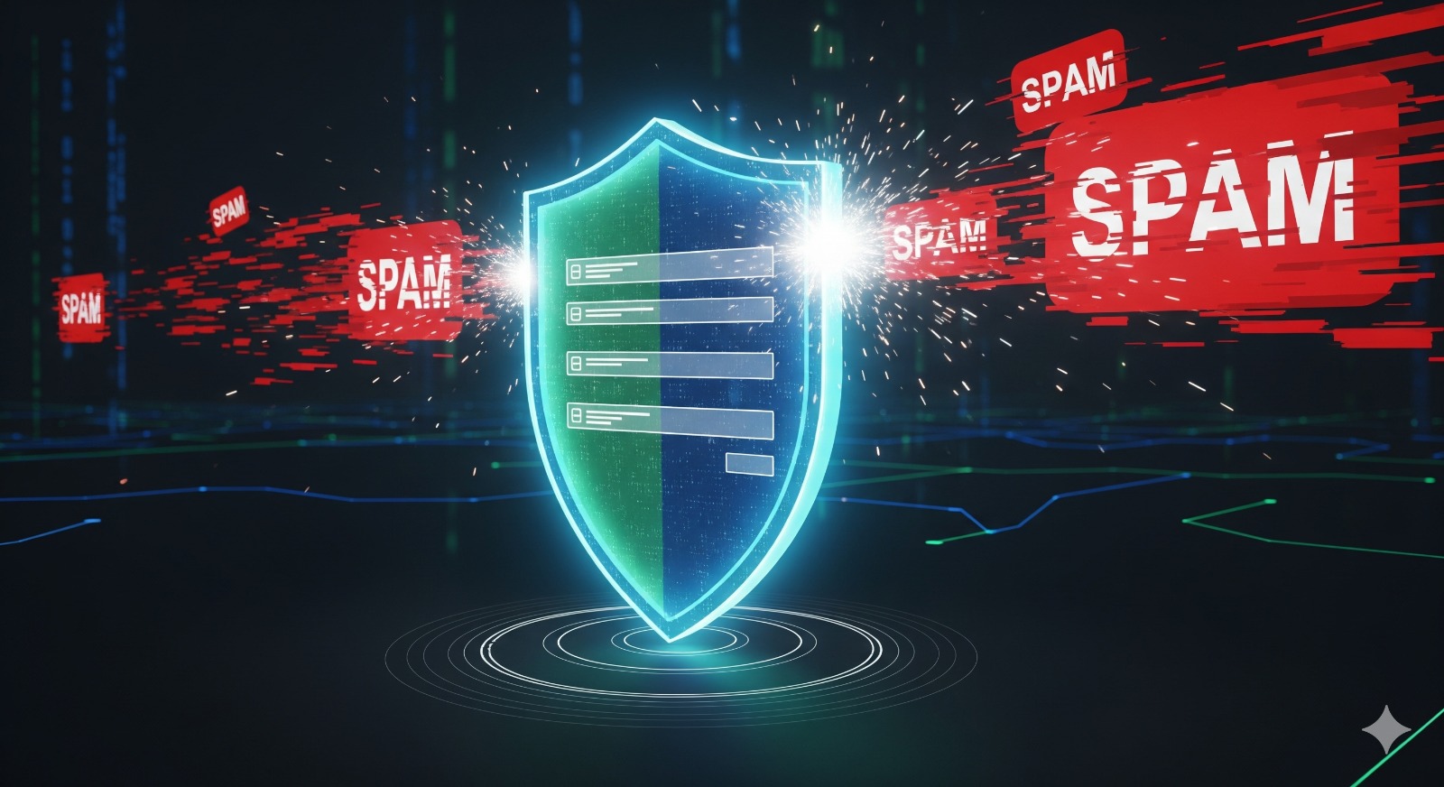 Conceptuele afbeelding voor het stoppen van spam in Gravity Forms, met een digitaal schild dat een formulier beschermt.