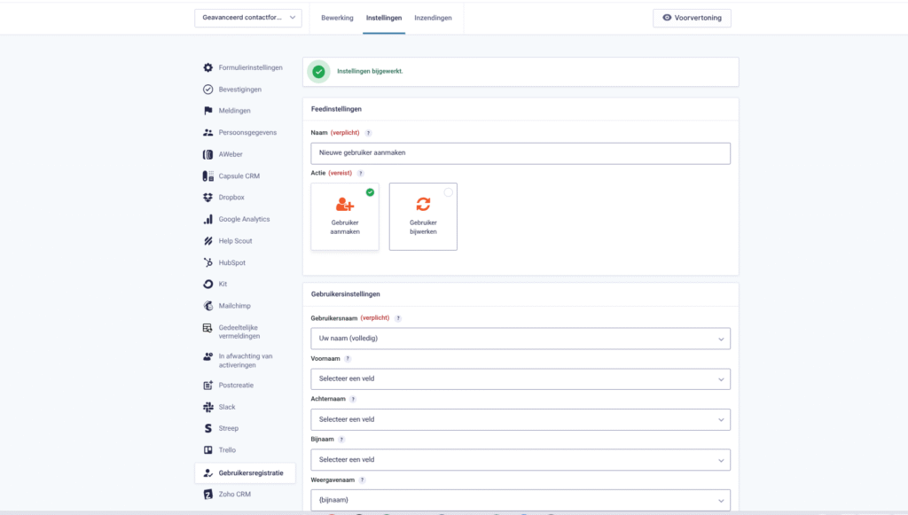 Het configureren van een User Registration Feed in Gravity Forms, waarbij formuliervelden worden gekoppeld aan WordPress gebruikersvelden.