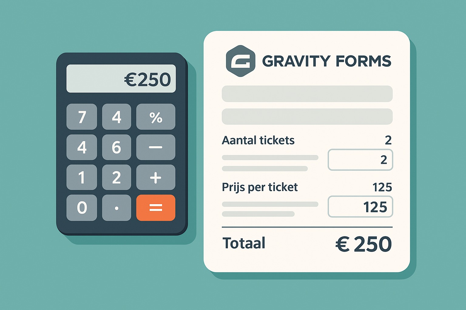 Flat design illustratie van een Gravity Forms formulier met velden en een calculator voor berekeningen en prijsindicaties